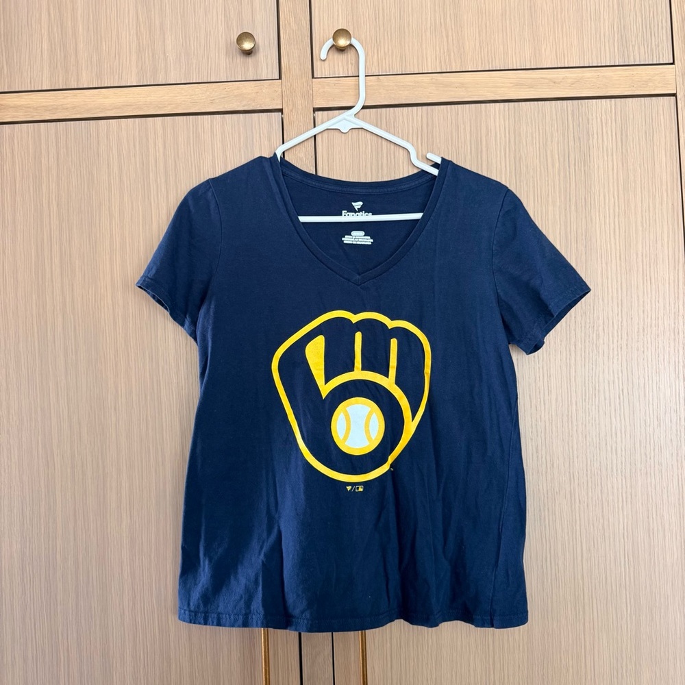 Fanatics Navy Milwaukee Brewers V-Neck Tee with Yellow Glove Logo